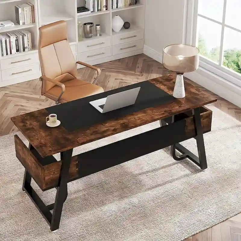 Bureau de 160 cm Noir / Blanc / Gris avec étagère de rangement, poste de travail individuel