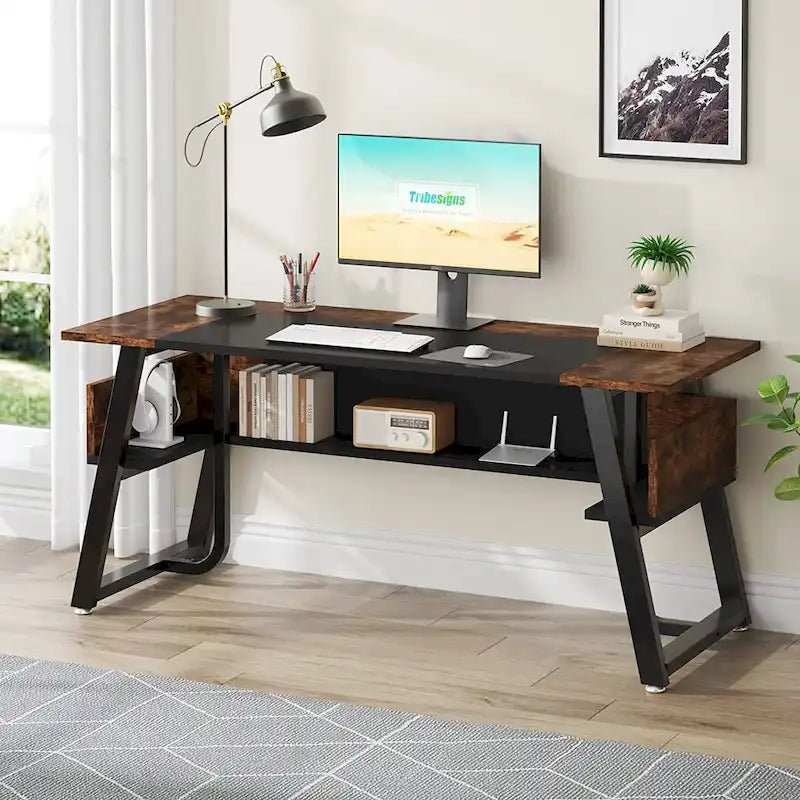 Bureau de 160 cm Noir / Blanc / Gris avec étagère de rangement, poste de travail individuel