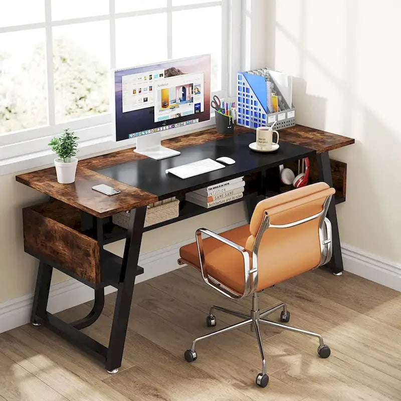 Bureau de 160 cm Noir / Blanc / Gris avec étagère de rangement, poste de travail individuel