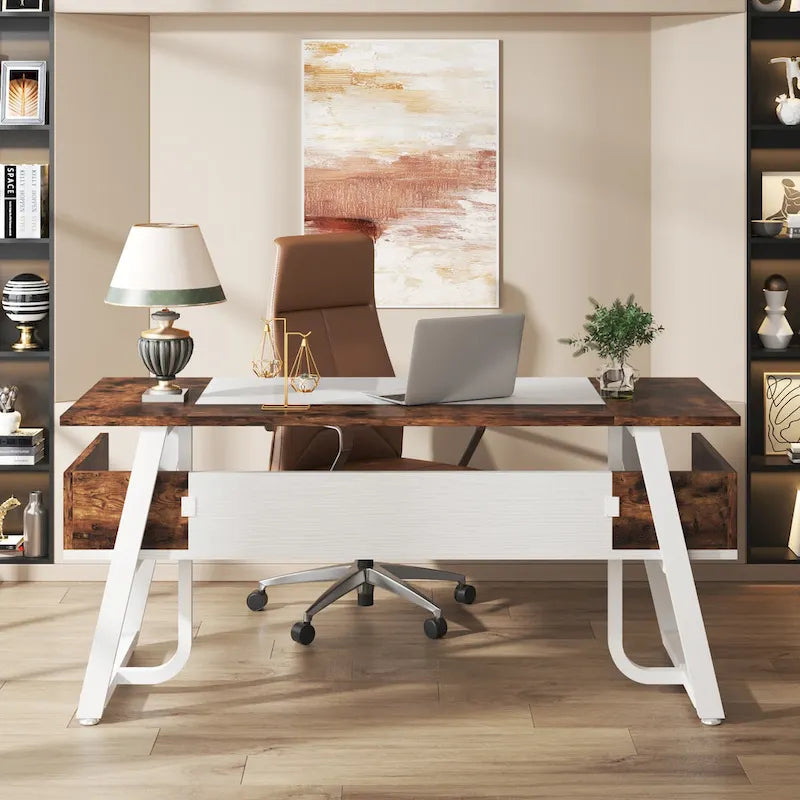 Bureau de 160 cm Noir / Blanc / Gris avec étagère de rangement, poste de travail individuel