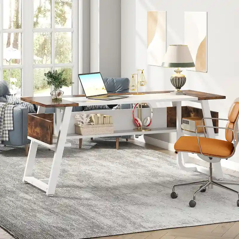 Bureau de 160 cm Noir / Blanc / Gris avec étagère de rangement, poste de travail individuel