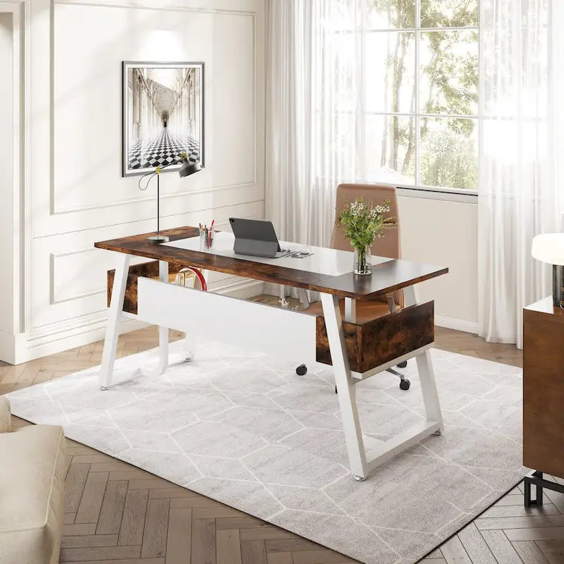 Bureau de 160 cm Noir / Blanc / Gris avec étagère de rangement, poste de travail individuel