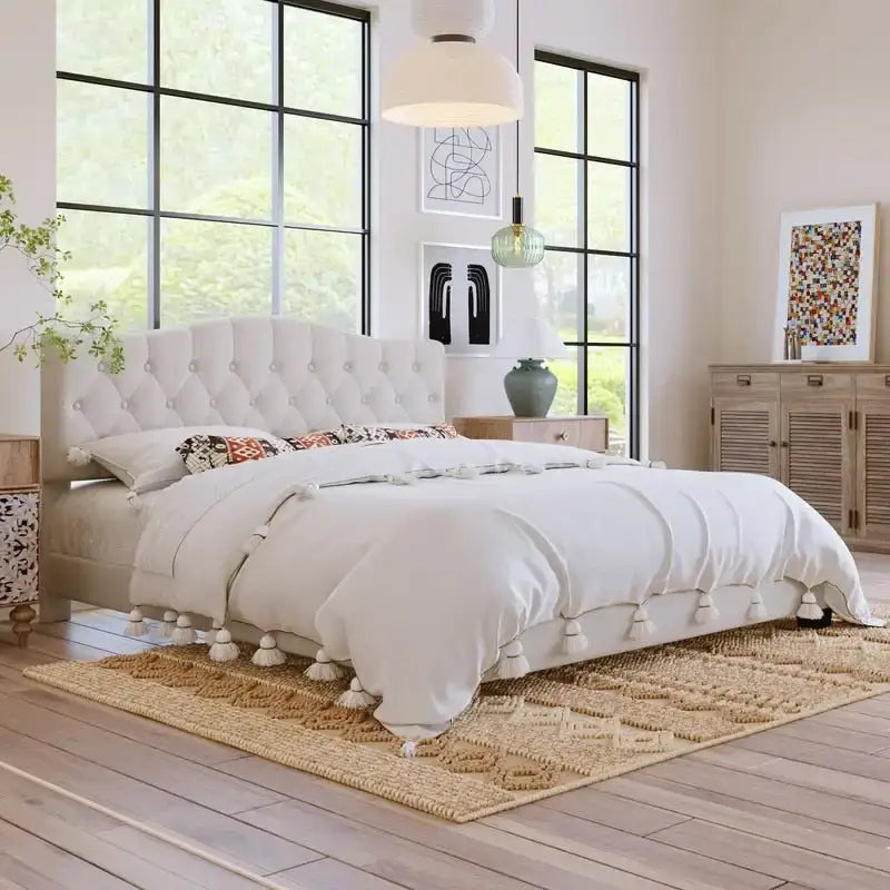 Lit plateforme en lin touffeté beige avec tête de lit, très grand lit, 1 personne