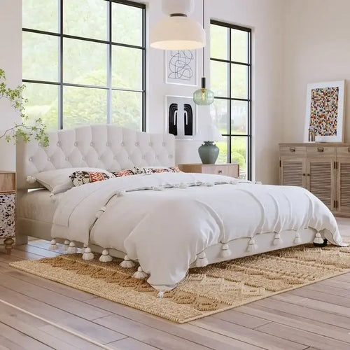 Lit plateforme en lin touffeté beige avec tête de lit, très grand lit, 1 personne