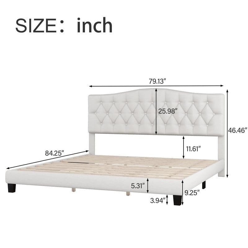 Lit plateforme en lin touffeté beige avec tête de lit, très grand lit, 1 personne