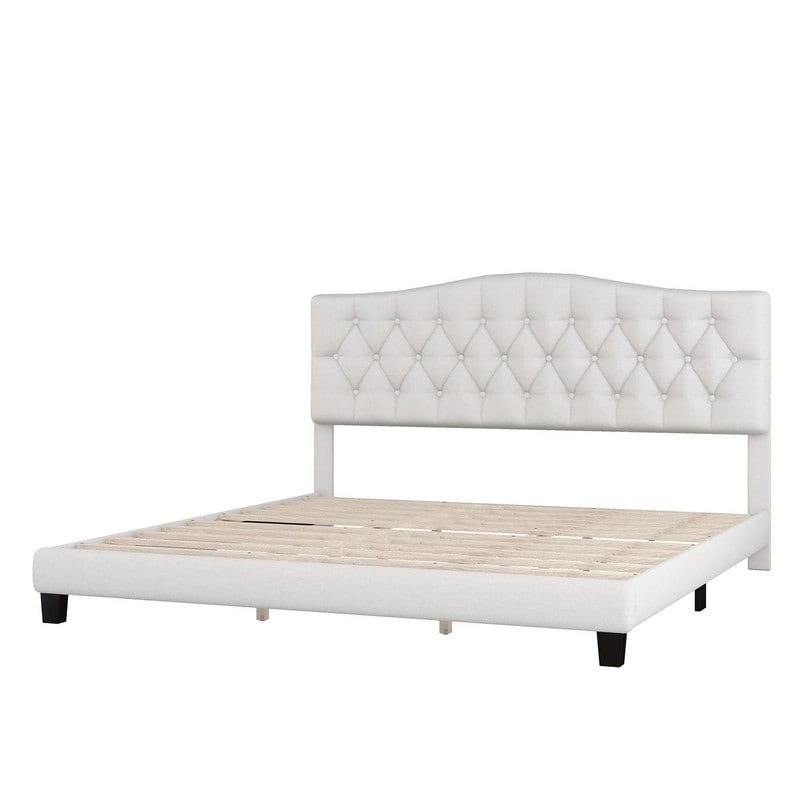 Lit plateforme en lin touffeté beige avec tête de lit, très grand lit, 1 personne