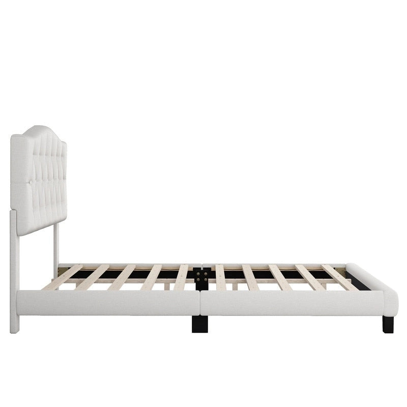 Lit plateforme en lin touffeté beige avec tête de lit, très grand lit, 1 personne