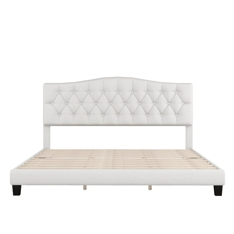 Lit plateforme en lin touffeté beige avec tête de lit, très grand lit, 1 personne