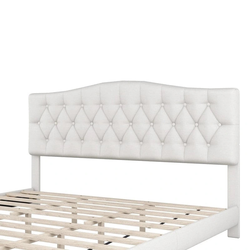 Lit plateforme en lin touffeté beige avec tête de lit, très grand lit, 1 personne