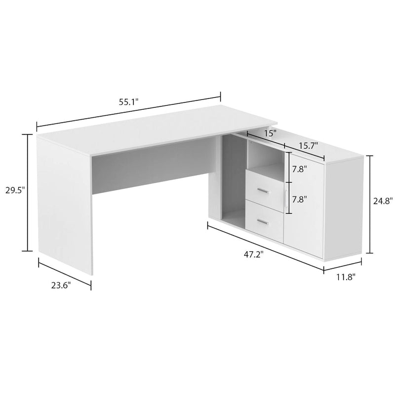 Bureau d'angle en L blanc de 140 cm, 1 personne