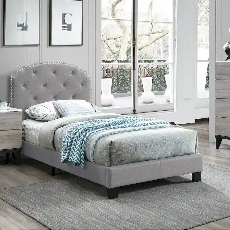 Lit simple plateforme capitonné marron clair / anthracite / gris clair, 1 personne