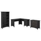 Bureau d'angle vintage noir avec caisson de classement et bibliothèque, 1 personne