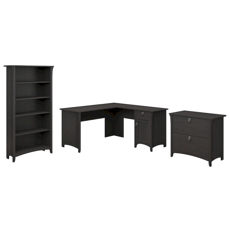 Bureau d'angle vintage noir avec caisson de classement et bibliothèque, 1 personne