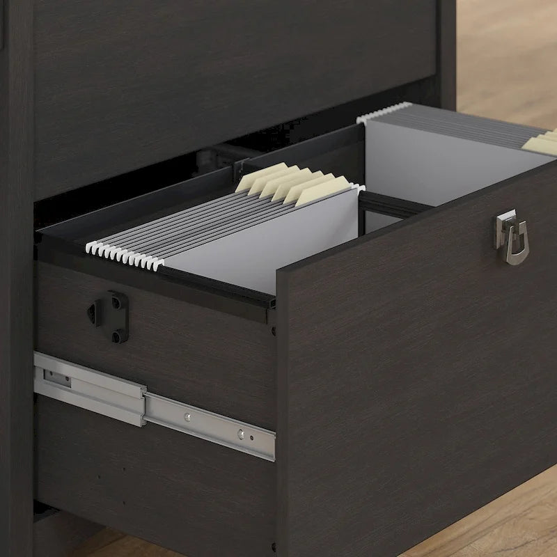 Bureau d'angle vintage noir avec caisson de classement et bibliothèque, 1 personne