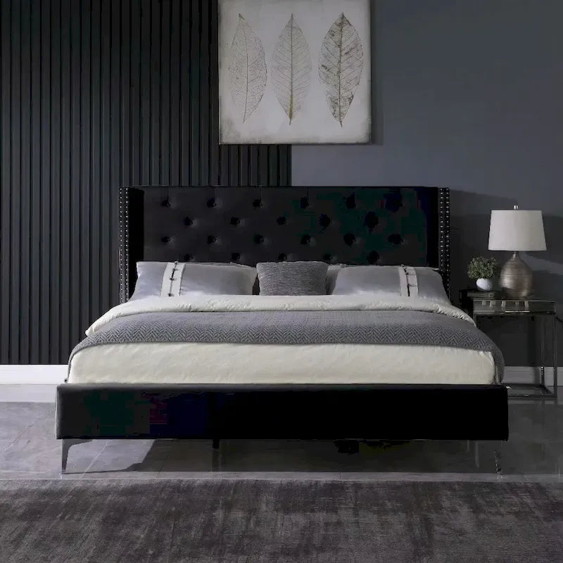 Cadre de lit plateforme capitonné en velours noir/bleu/gris/beige — California King