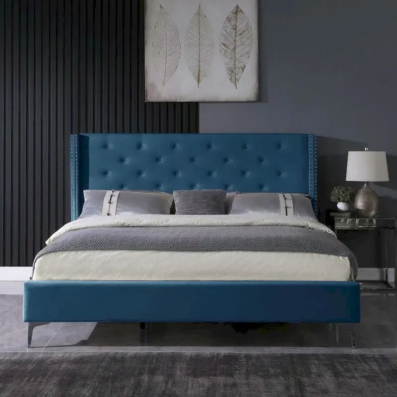 Cadre de lit plateforme capitonné en velours noir/bleu/gris/beige — California King