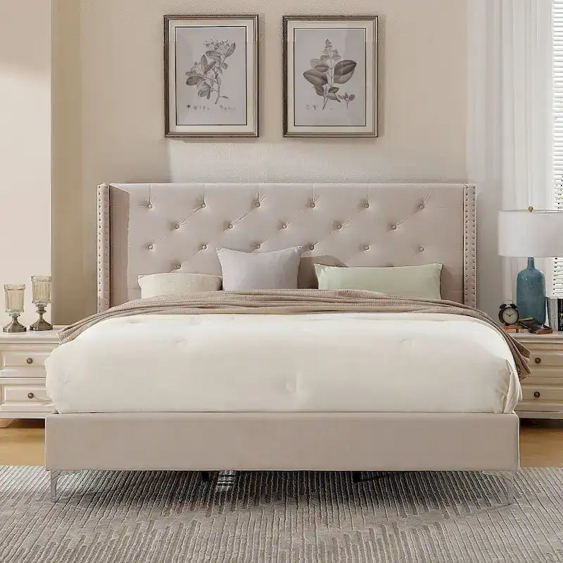 Cadre de lit plateforme capitonné en velours noir/bleu/gris/beige — California King