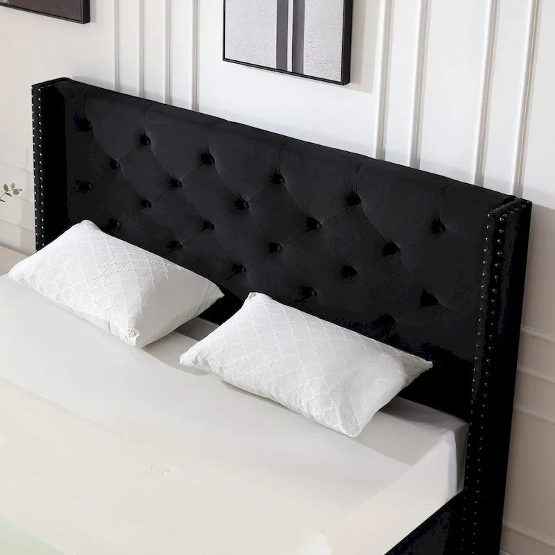 Cadre de lit plateforme capitonné en velours noir/bleu/gris/beige — California King