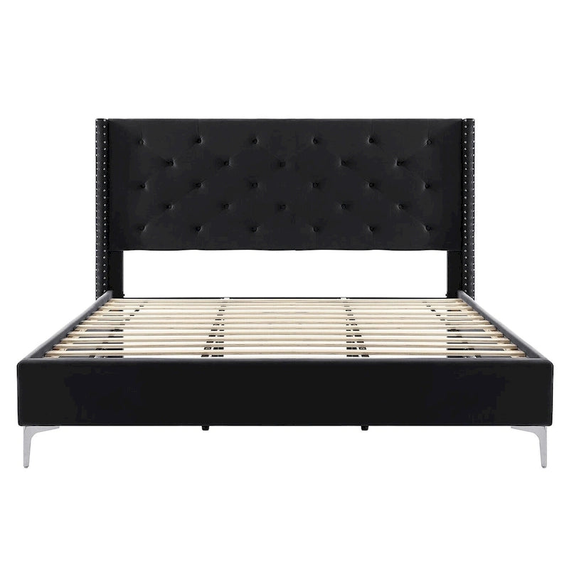 Cadre de lit plateforme capitonné en velours noir/bleu/gris/beige — California King