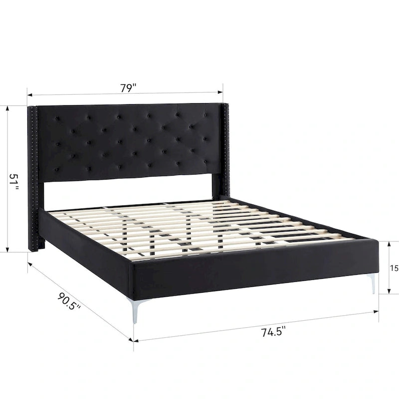 Cadre de lit plateforme capitonné en velours noir/bleu/gris/beige — California King