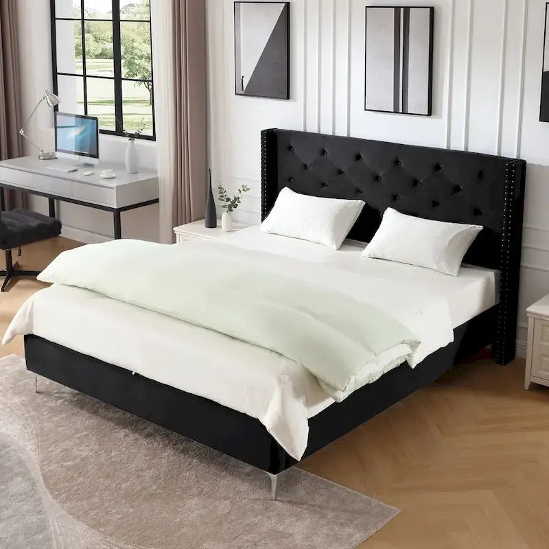Cadre de lit plateforme capitonné en velours noir/bleu/gris/beige — California King