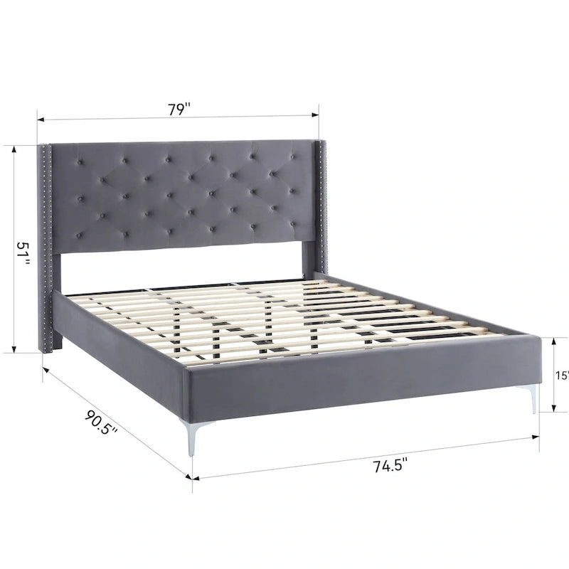 Cadre de lit plateforme capitonné en velours noir/bleu/gris/beige — California King
