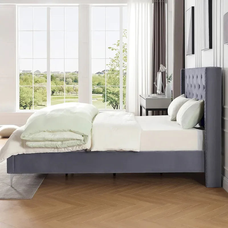Cadre de lit plateforme capitonné en velours noir/bleu/gris/beige — California King