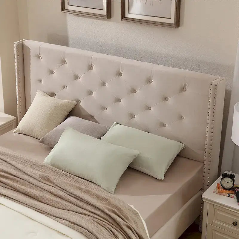 Cadre de lit plateforme capitonné en velours noir/bleu/gris/beige — California King