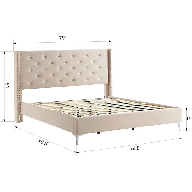 Cadre de lit plateforme capitonné en velours noir/bleu/gris/beige — California King