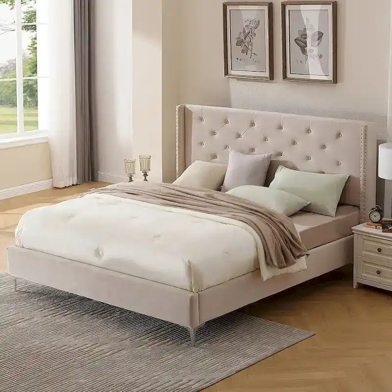 Cadre de lit plateforme capitonné en velours noir/bleu/gris/beige — California King