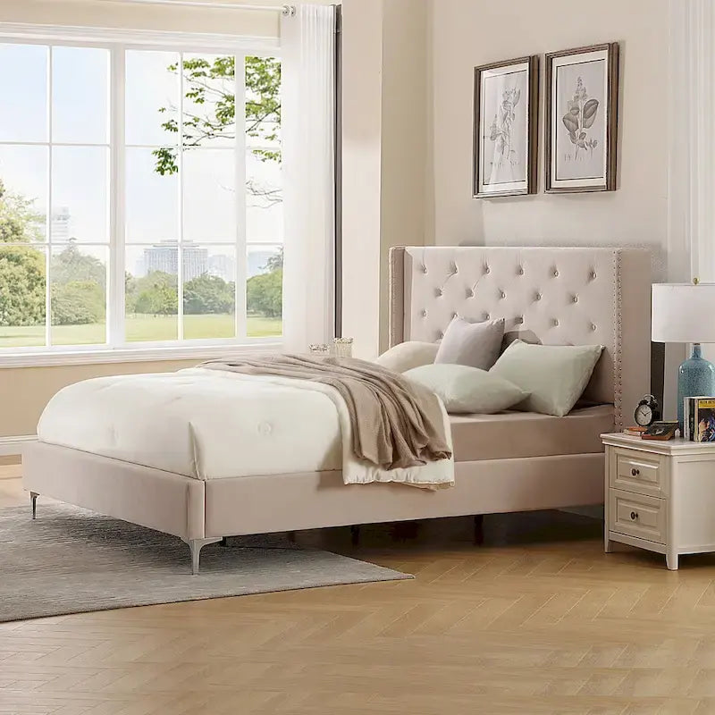 Cadre de lit plateforme capitonné en velours noir/bleu/gris/beige — California King