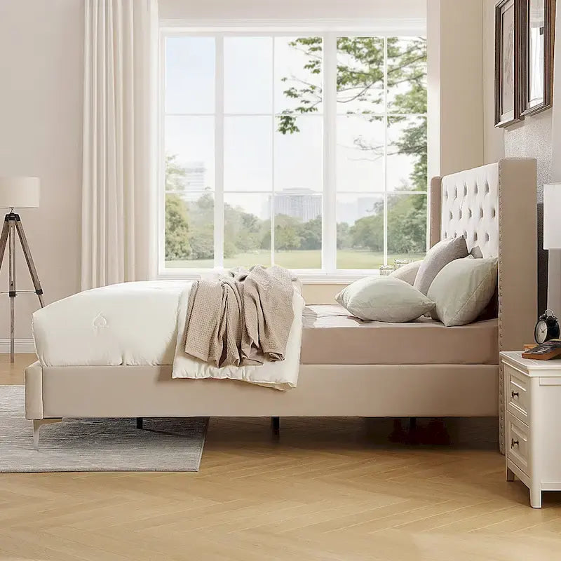 Cadre de lit plateforme capitonné en velours noir/bleu/gris/beige — California King