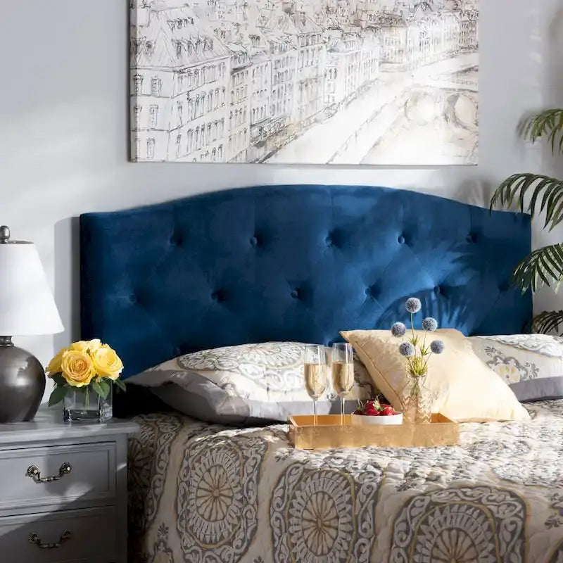 Tête de lit arquée en velours bleu marine, capitonnée, pour lit double/Queen/King