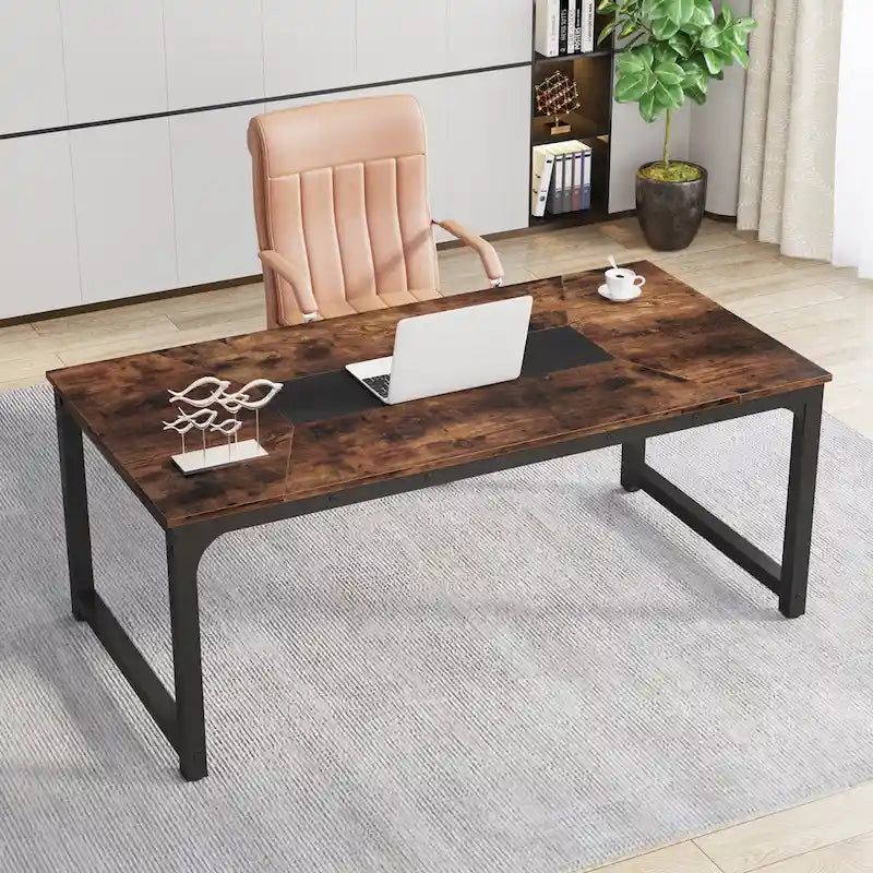 Grand bureau informatique rustique marron, 180 x 90 cm, 1 personne