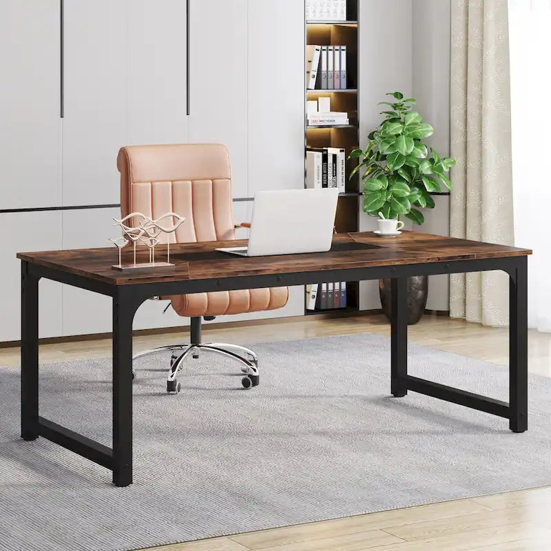 Grand bureau informatique rustique marron, 180 x 90 cm, 1 personne