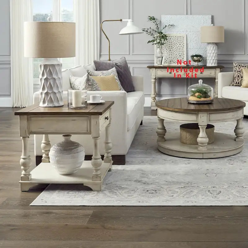 Ensemble de 3 tables traditionnelles blanc antique (1 table basse + 2 tables d'appoint)