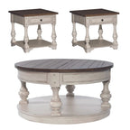 Ensemble de 3 tables traditionnelles blanc antique (1 table basse + 2 tables d'appoint)