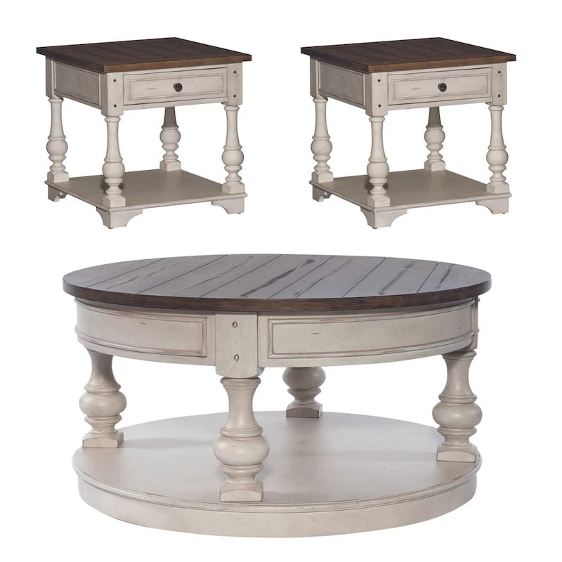 Ensemble de 3 tables traditionnelles blanc antique (1 table basse + 2 tables d'appoint)
