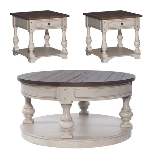 Ensemble de 3 tables traditionnelles blanc antique (1 table basse + 2 tables d'appoint)