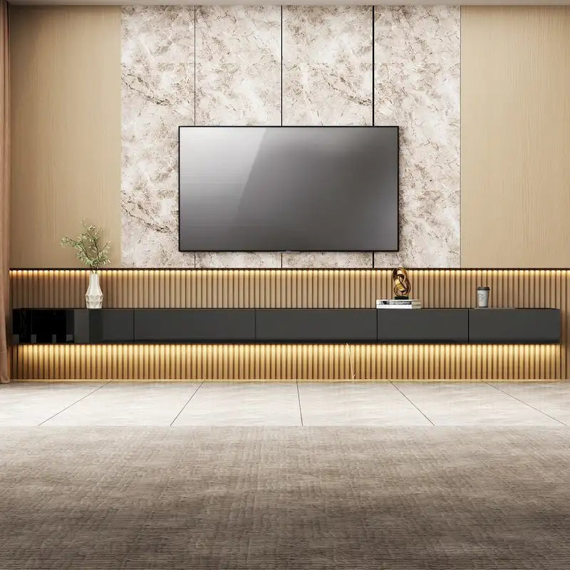 Meuble TV flottant mural noir ultra-brillant, 2 pièces
