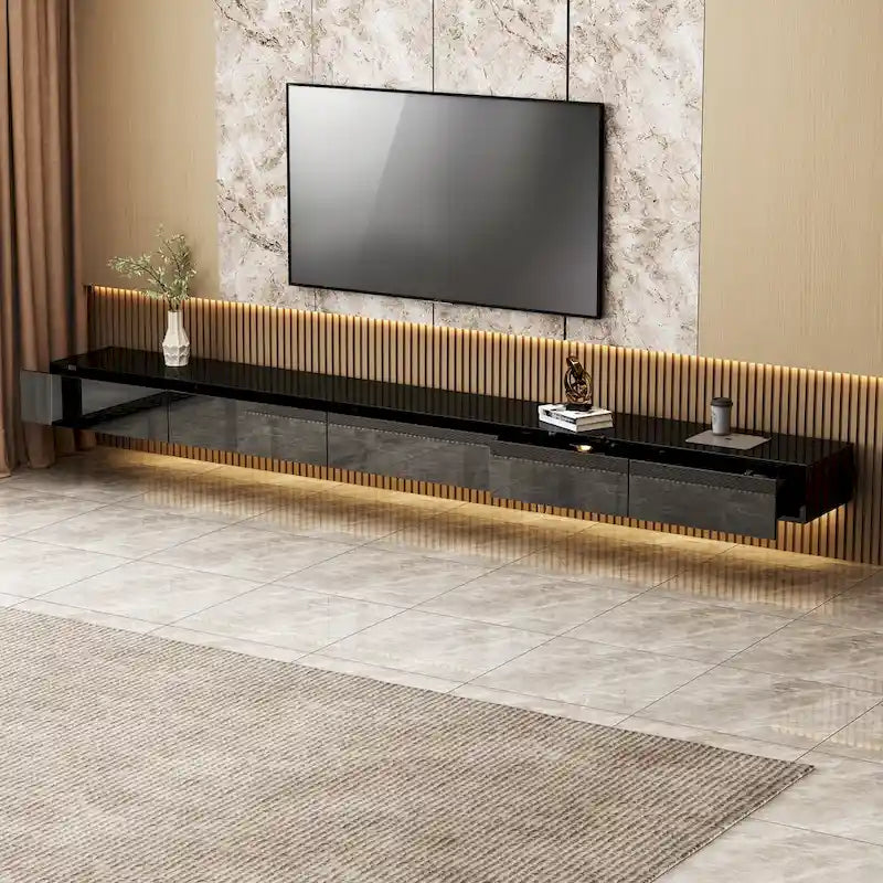 Meuble TV flottant mural noir ultra-brillant, 2 pièces