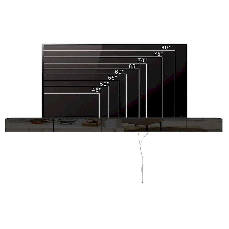 Meuble TV flottant mural noir ultra-brillant, 2 pièces