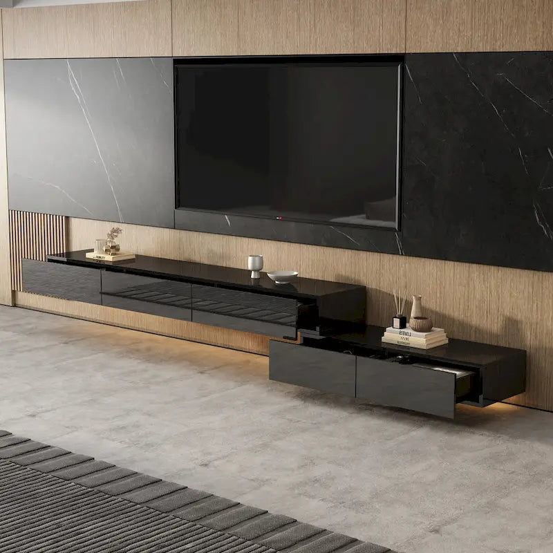 Meuble TV flottant mural noir ultra-brillant, 2 pièces