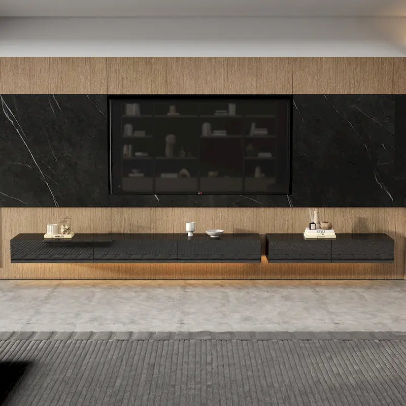 Meuble TV flottant mural noir ultra-brillant, 2 pièces