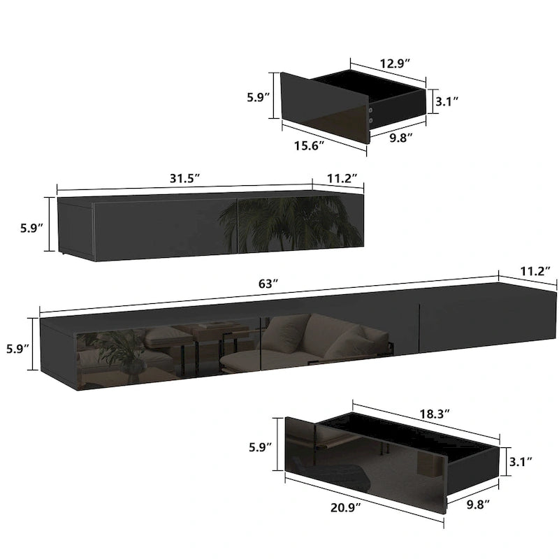 Meuble TV flottant mural noir ultra-brillant, 2 pièces