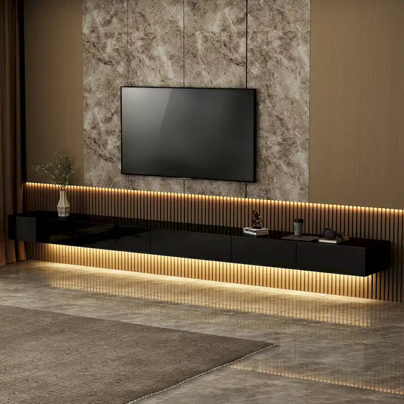 Meuble TV flottant mural noir ultra-brillant, 2 pièces