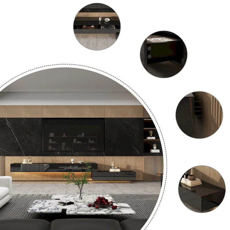 Meuble TV flottant mural noir ultra-brillant, 2 pièces