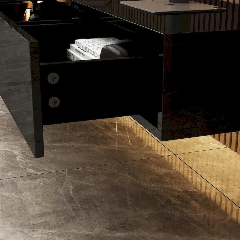 Meuble TV flottant mural noir ultra-brillant, 2 pièces