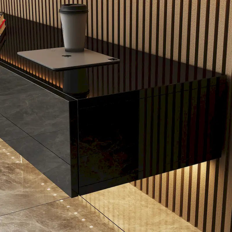 Meuble TV flottant mural noir ultra-brillant, 2 pièces