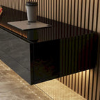 Meuble TV flottant mural noir ultra-brillant, 2 pièces